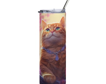 Sunset Paws: Orange Tabby Cat in Pink Fields | Stainless Steel Tumbler