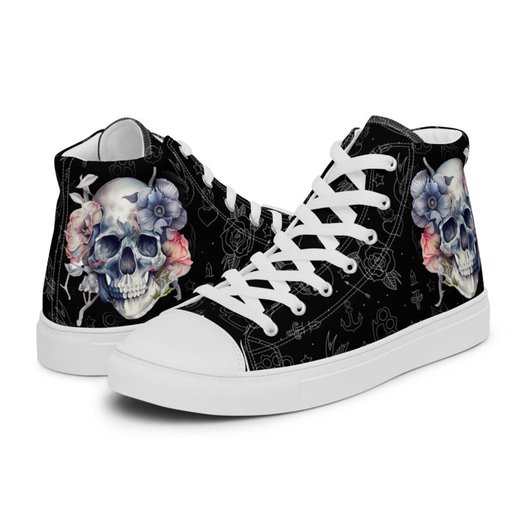 Floral Rose Sugar Skull Skeleton Girly Pattern Print Men Women's High Top Shoes
