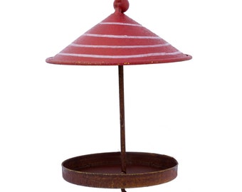 Support boule de graisse mangeoire à oiseaux parapluie en métal gamelle Ø 10 cm H 15 cm rouge pour oiseaux rayures blanc