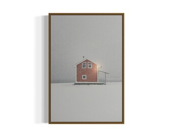 Snowy Red Cabin in Winter Art Print | Printable Wall Art | Digital Download