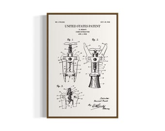 May include: A framed print of a United States patent for a cork extractor, dated October 29, 1938. The black and white technical drawing shows detailed diagrams of the corkscrew mechanism, including labeled parts and figures.