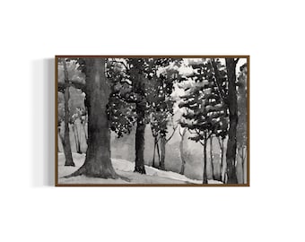 Misty Winter Forest Watercolor Art Print: Black and White Landscape (Digital Download)
