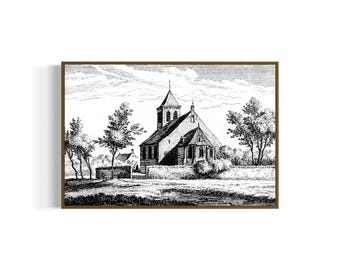 May include: A black and white engraving of a church building with a tall steeple and a smaller building next to it. The church is surrounded by trees and a fence.