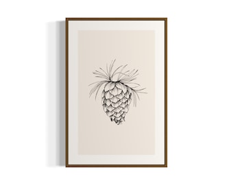 Rustic Pinecone Botanical Art Print | Printable Wall Art | Black and White Digital Download