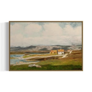 Coastal Cottage Landscape Vintage Watercolor Art Print | Printable Wall Art | Digital Download