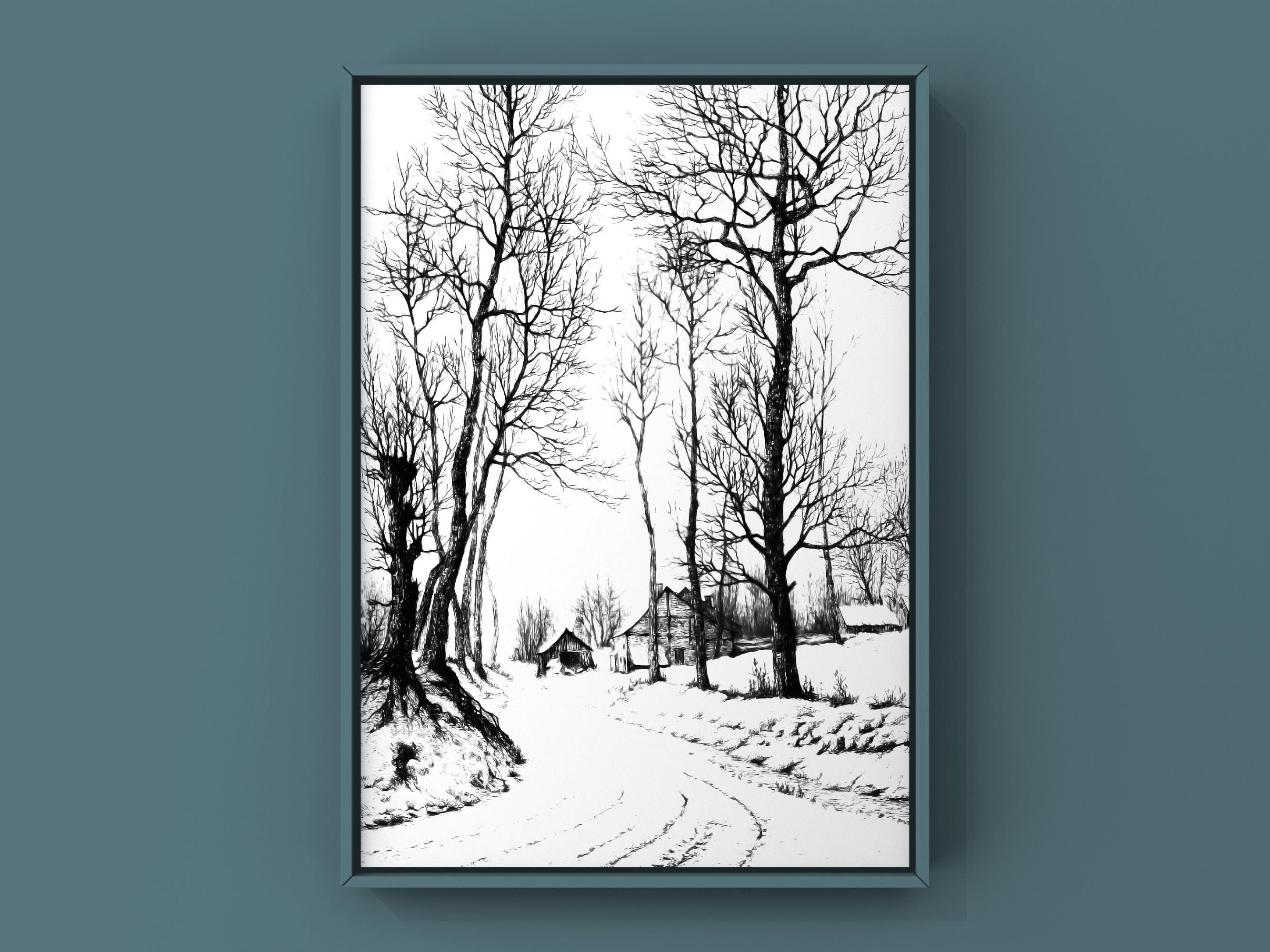 Black and White Winter Landscape Etching | Printable Wall Art | Digital ...