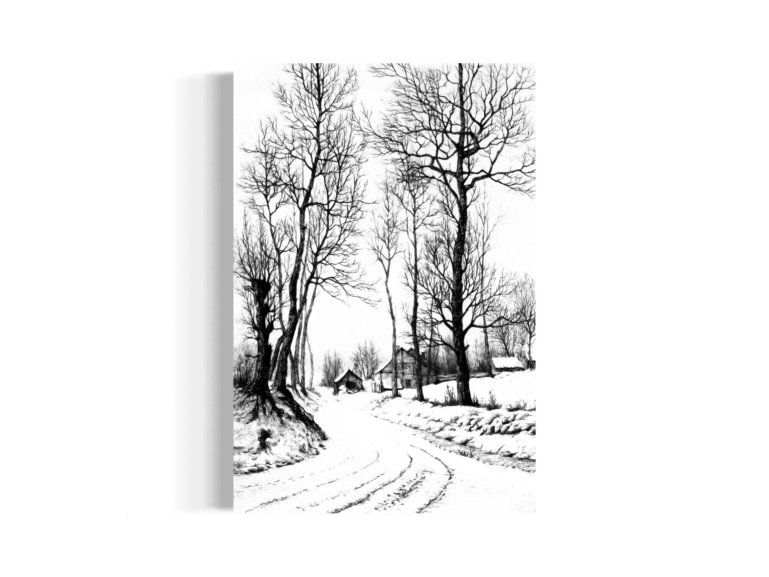 Black and White Winter Landscape Etching | Printable Wall Art | Digital ...