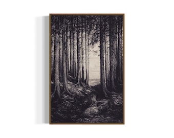impression d'art vintage noir et blanc de croquis de chemin forestier | Art mural imprimable | Téléchargement numérique