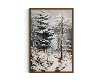 Könnte beinhalten: Eine verschneite Waldszene mit einem Weg, der durch die Bäume führt. Die Bäume sind mit Schnee bedeckt und der Boden ist weiß. Die Szene ist in einem Vintage-Stil gemalt.
