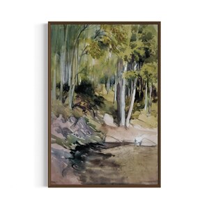 Forest Stream Landscape Printable Wall Art | Vintage Watercolor Painting | Digital Download