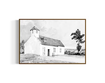 May include: A black and white drawing of a small, white building with a single window and a door. The building has a pitched roof and a small bell tower. There is a tree in the foreground and a field in the background.