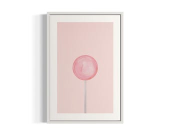 Lámina artística de piruleta rosa: Decoración minimalista de dulces (descarga digital)
