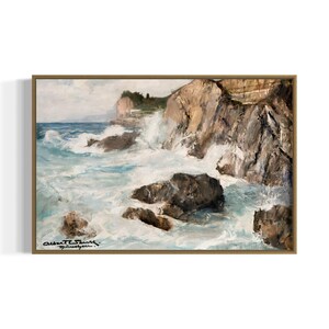 Dramatic Coastal Cliffs with Crashing Waves Vintage Painting | Printable Wall Art | Digital Download
