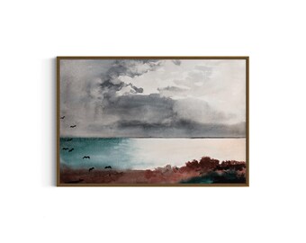 May include: A watercolor painting of a seascape with a stormy sky and a calm ocean. The sky is a mix of gray and white, with dark clouds in the distance. The ocean is a light blue, with a white line of foam along the shore. There are a few birds flying in the sky.