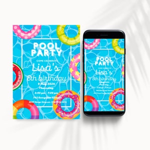Pool Party Birthday Invitation Template, Summer Birthday Party Invite, Swimming pool birthday party, Editable Invitation, kids party invite