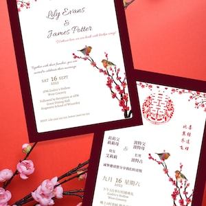 Floral lovebirds Chinese wedding invitation template, Digital invite, Chinese English bilingual Wedding, Editable invitation, 中英结婚喜帖, 喜鹊梅花