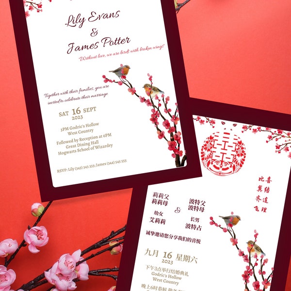 Floral lovebirds Chinese wedding invitation template, Digital invite, Chinese English bilingual Wedding, Editable invitation, 中英结婚喜帖, 喜鹊梅花