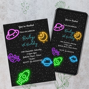 Plantilla de invitación de cumpleaños espacial, invitación de cumpleaños para niños, invitación de cumpleaños infantil, invitación editable, invitación para niños espaciales, invitación para niños