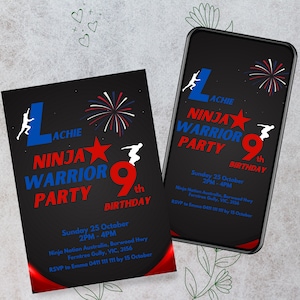 Ninja Warrior kids&#39; Birthday Invitation Template, Kids Birthday Invitation, Child birthday party, Editable Invitation, parkour party invite