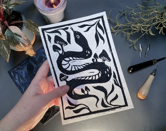 Linoleum print - snake and mushrooms