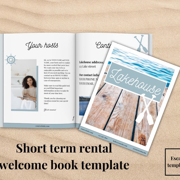 AirBnb Lakehouse Welcome book template with prompts Canva, Short term home rental editable lake guest book, Vacation house rental guidebook