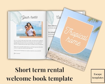 Libro di benvenuto tropicale AirBnb Modello Canva con suggerimenti, Libro degli ospiti modificabile sulla spiaggia per noleggio di case a breve termine, Guida per l'affitto di case per le vacanze