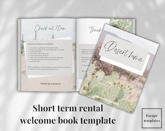 Modello di libro di benvenuto AirBnb Desert con suggerimenti Canva, Libro degli ospiti modificabile per affitti di case vacanze a breve termine, Guida per l'affitto di case vacanze
