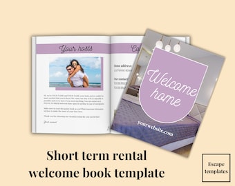 AirBnb Modern Purple Libro di benvenuto Modello Canva con suggerimenti, Libro degli ospiti modificabile per affitti di case a breve termine, Guida per l'affitto di case per le vacanze