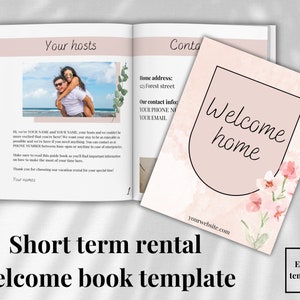 Pu&ograve; includere: Un modello di libro di benvenuto per affitti a breve termine con un design floreale rosa e bianco. Il testo "Benvenuti a casa" &egrave; in un cerchio nero su sfondo rosa. Il testo "Modello di libro di benvenuto per affitti a breve termine" &egrave; nella parte inferiore dell'immagine.