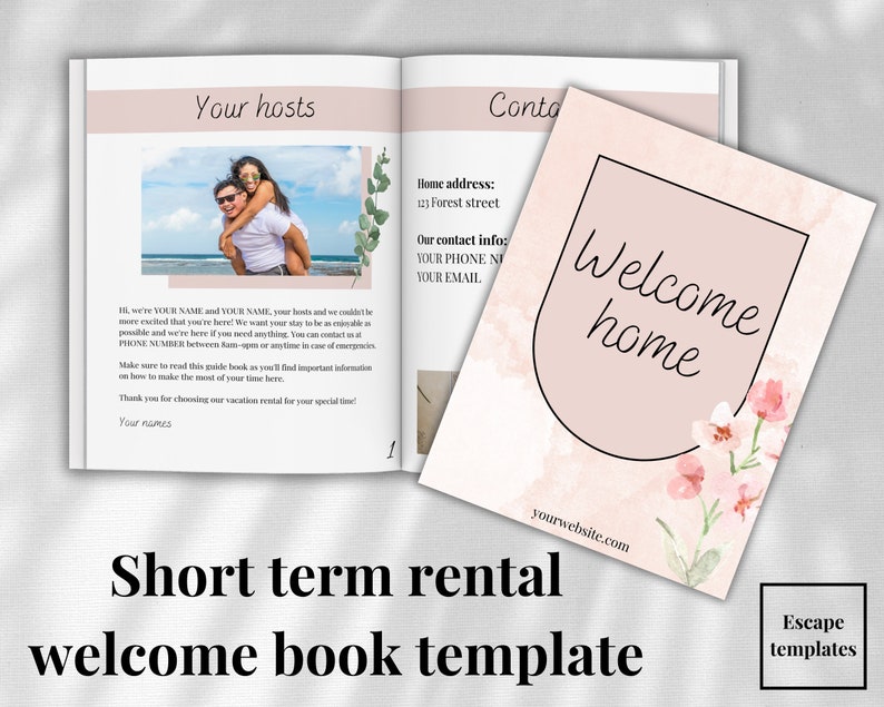 Pu&ograve; includere: Un modello di libro di benvenuto per affitti a breve termine con un design floreale rosa e bianco. Il testo "Benvenuti a casa" &egrave; in un cerchio nero su sfondo rosa. Il testo "Modello di libro di benvenuto per affitti a breve termine" &egrave; nella parte inferiore dell'immagine.
