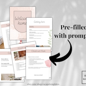 Pu&ograve; includere: Un set di modelli stampabili per una guida di benvenuto per gli ospiti che soggiornano in un affitto vacanze. I modelli sono precompilati con suggerimenti per aiutarti a personalizzare la guida. La guida include sezioni per arrivare, le regole della casa, l'orario di check-out e lasciare una recensione. I modelli sono progettati in uno stile minimalista con uno schema di colori rosa e bianco.