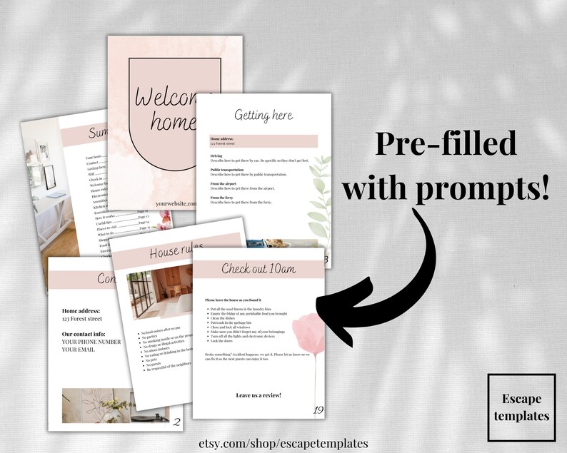 Pu&ograve; includere: Un set di modelli stampabili per una guida di benvenuto per gli ospiti che soggiornano in un affitto vacanze. I modelli sono precompilati con suggerimenti per aiutarti a personalizzare la guida. La guida include sezioni per arrivare, le regole della casa, l'orario di check-out e lasciare una recensione. I modelli sono progettati in uno stile minimalista con uno schema di colori rosa e bianco.