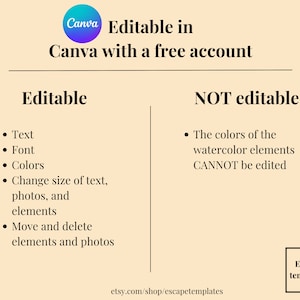 Pu&ograve; includere: Un grafico che mostra gli elementi modificabili e non modificabili di un modello Canva. Gli elementi modificabili includono il testo, il font, i colori e la possibilit&agrave; di modificare la dimensione del testo, delle foto e degli elementi. Gli elementi non modificabili includono i colori degli elementi ad acquerello, che non possono essere modificati. Il grafico include anche il testo "Editable in Canva with a free account" e l'indirizzo del sito web "etsy.com/shop/escapetemplates".