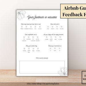 Modelo de formulário de feedback de hóspedes do AirBnb editável no Canva, cartão de avaliação personalizável, cartão de comentários sobre aluguel de curto prazo, cartão de avaliação para impressão VRBO