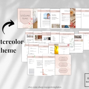Pu&ograve; includere: Guida stampabile a tema acquerello per gli ospiti che soggiornano in un affitto vacanze. La guida include sezioni per il benvenuto, le regole della casa, i servizi, le forniture per la cucina, il cibo e le bevande, i luoghi da visitare, le cose da fare, consigli utili e un messaggio di ringraziamento. La guida presenta un design floreale ad acquerello.