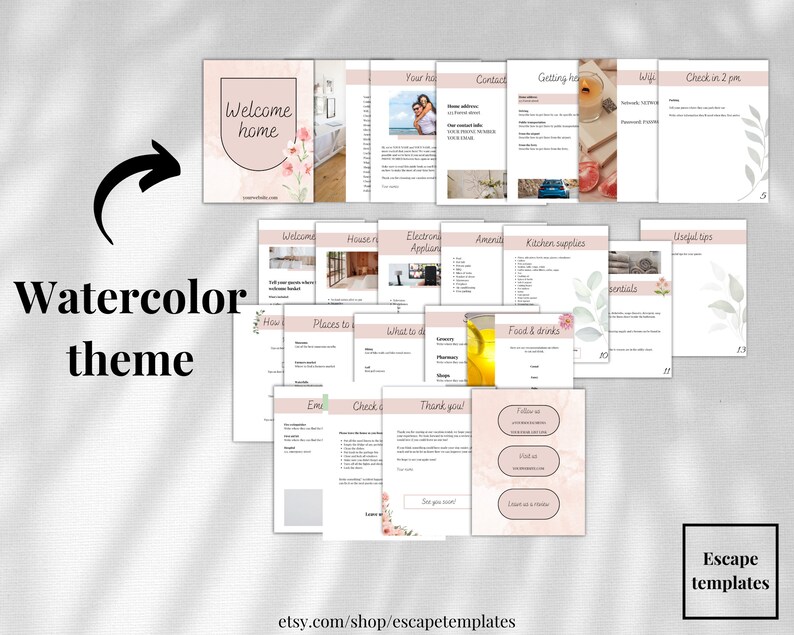 Pu&ograve; includere: Guida stampabile a tema acquerello per gli ospiti che soggiornano in un affitto vacanze. La guida include sezioni per il benvenuto, le regole della casa, i servizi, le forniture per la cucina, il cibo e le bevande, i luoghi da visitare, le cose da fare, consigli utili e un messaggio di ringraziamento. La guida presenta un design floreale ad acquerello.