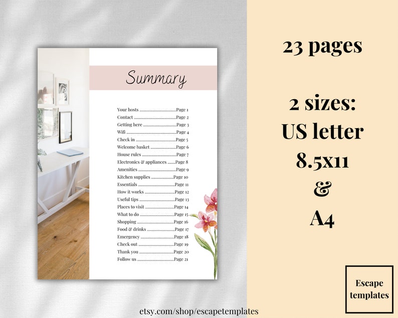 Pu&ograve; includere: Una guida stampabile per gli ospiti che soggiornano in una propriet&agrave; in affitto. La guida include un riepilogo dei servizi della propriet&agrave;, delle regole e delle attrazioni locali. La guida &egrave; composta da 23 pagine ed &egrave; disponibile nei formati US Letter e A4.