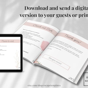Pu&ograve; includere: Una guida digitale stampabile per gli ospiti che visitano un affitto vacanze. La guida include una lista di controllo per il check-out, un messaggio di ringraziamento e una sezione per i luoghi da visitare. La guida ha un design floreale rosa e bianco.