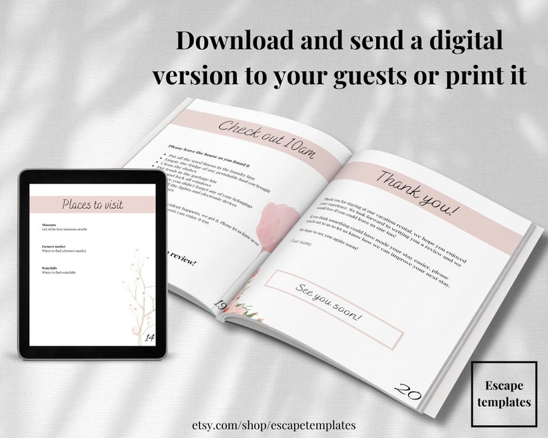 Pu&ograve; includere: Una guida digitale stampabile per gli ospiti che visitano un affitto vacanze. La guida include una lista di controllo per il check-out, un messaggio di ringraziamento e una sezione per i luoghi da visitare. La guida ha un design floreale rosa e bianco.