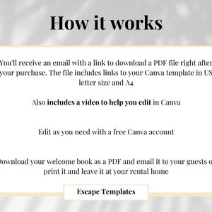 Pu&ograve; includere: Testo su sfondo bianco che spiega come utilizzare un modello Canva. Il testo dice "Come funziona" e include istruzioni su come scaricare il modello, modificarlo e utilizzarlo. Il testo dice anche "Escape Templates".