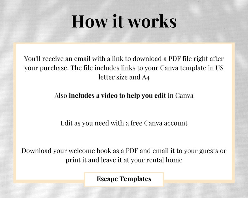 Pu&ograve; includere: Testo su sfondo bianco che spiega come utilizzare un modello Canva. Il testo dice "Come funziona" e include istruzioni su come scaricare il modello, modificarlo e utilizzarlo. Il testo dice anche "Escape Templates".