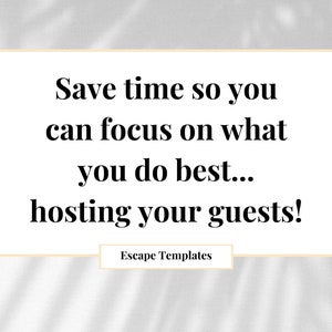 Pu&ograve; includere: Testo sovrapposto su uno sfondo bianco con un motivo di ombra. Il testo recita: "Risparmia tempo in modo da poterti concentrare su ci&ograve; che fai meglio... ospitare i tuoi ospiti!"  Escape Templates.