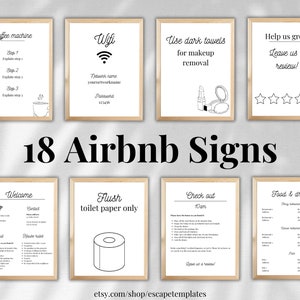 Szablon pakietu znaków AirBnb Canva edytowalny, Wymeldowanie i Wi-Fi, Zasady wynajmu krótkoterminowego, Pakiet dla gospodarza, Znak powitalny wynajmu domu wakacyjnego