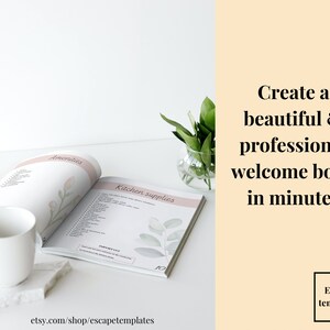 Pu&ograve; includere: Una tazza di ceramica bianca si trova su una superficie di marmo bianco accanto a un libro aperto con il testo "Amenities" e "Kitchen Supplies". Il libro presenta un design ad acquerello di foglie e fiori. Lo sfondo &egrave; di colore pesca chiaro con il testo "Create a beautiful & professional welcome book in minutes" e "Escape templates".