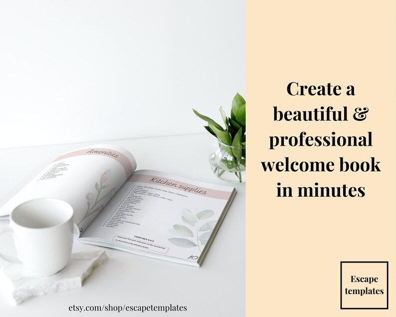 Pu&ograve; includere: Una tazza di ceramica bianca si trova su una superficie di marmo bianco accanto a un libro aperto con il testo "Amenities" e "Kitchen Supplies". Il libro presenta un design ad acquerello di foglie e fiori. Lo sfondo &egrave; di colore pesca chiaro con il testo "Create a beautiful & professional welcome book in minutes" e "Escape templates".