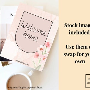 Pu&ograve; includere: Un biglietto da visita in acquerello rosa e bianco con un bordo nero e il testo "Welcome home" in corsivo nero. Il biglietto &egrave; su una superficie bianca con altre riviste.