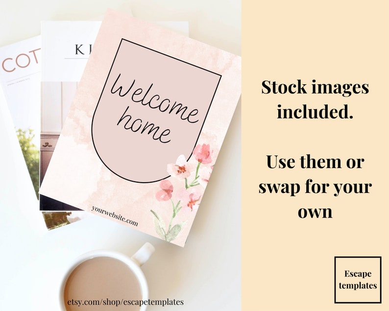 Pu&ograve; includere: Un biglietto da visita in acquerello rosa e bianco con un bordo nero e il testo "Welcome home" in corsivo nero. Il biglietto &egrave; su una superficie bianca con altre riviste.