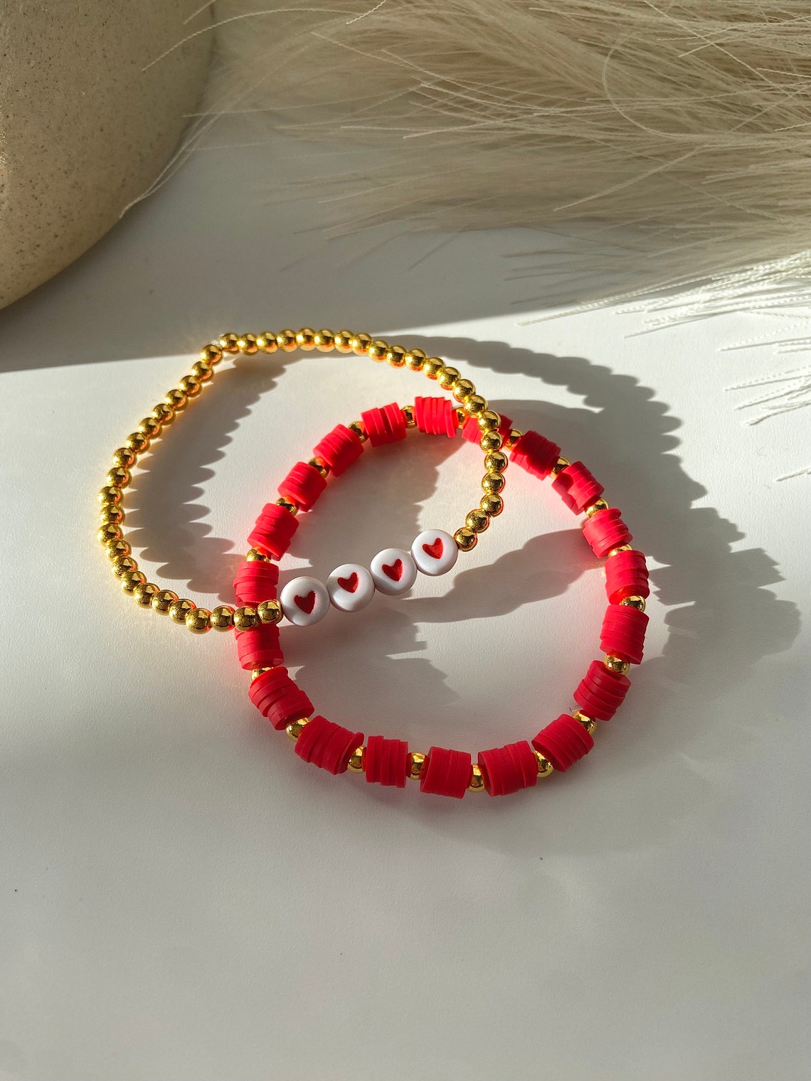 Christmas Bracelet Duo Set Clay Bead Bracelet Gold Bead Etsy