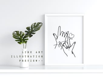 Pinky Promise Line Art Print, Minimalist Couple Illustration (Digital Download)