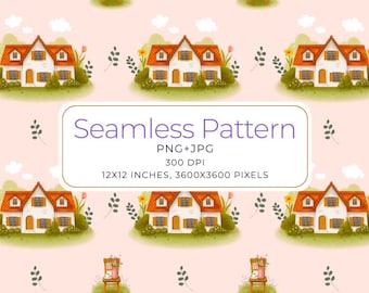 Cozy Farmhouse-Seamless pattern with House, Garden chair, Flower Pot, Mug & Pink background Digital Background, Repeat tile, 300DPI JPG PNG